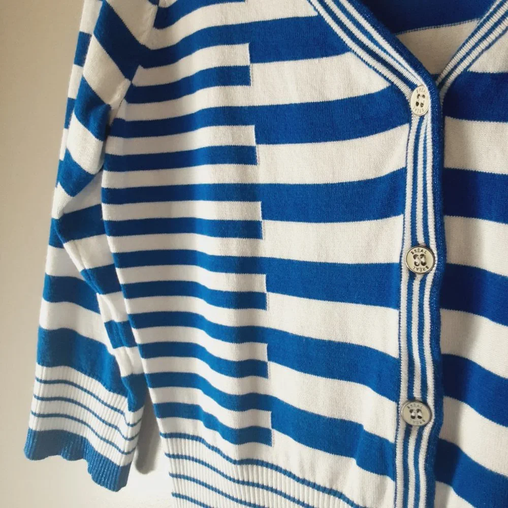 Belldini Striped Cardigan, V-neck, 3/4 Sleeve, Royal Blue & White | Medium - Picture 7 of 14